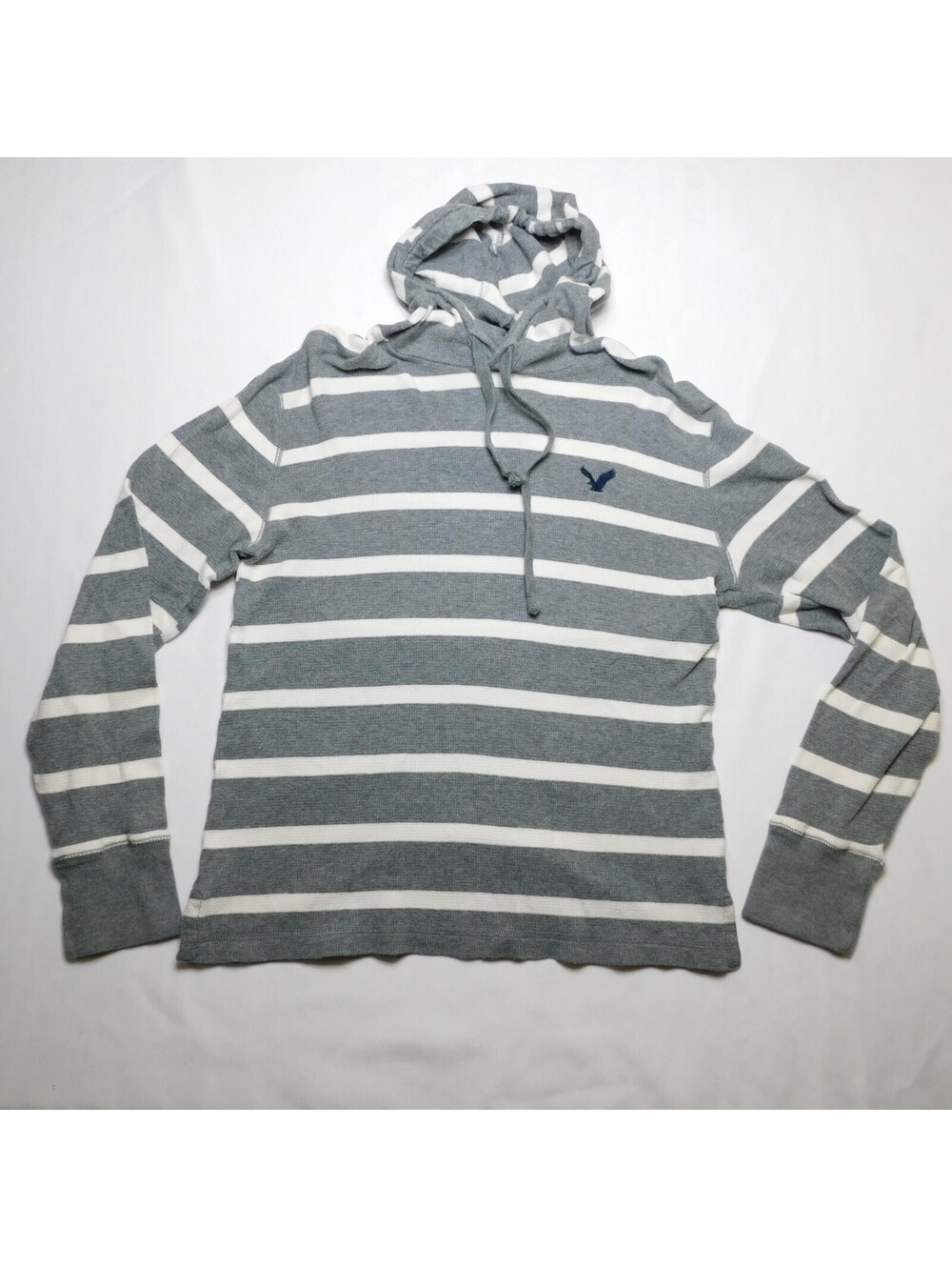 American Eagle Mens Medium M Gray White Striped Waffle Knit Thermal Hoodie Shirt